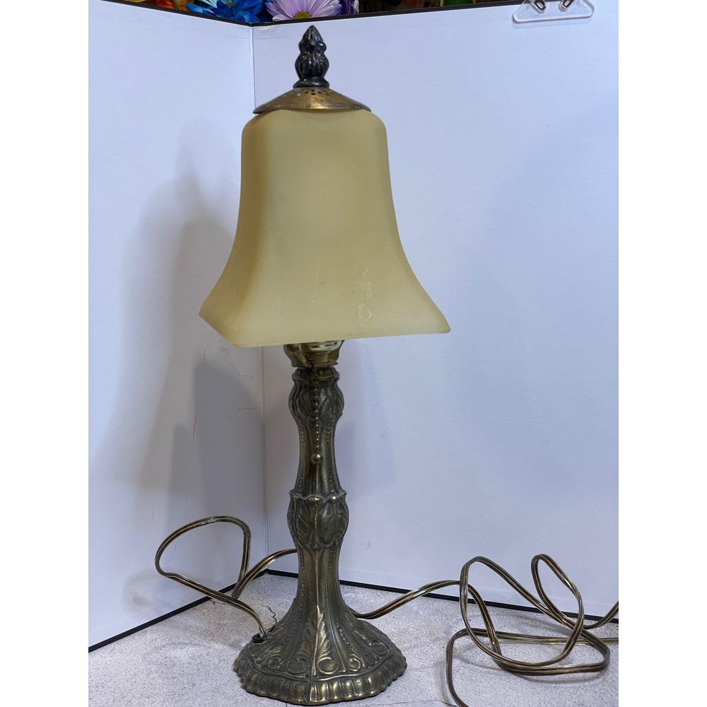Vintage Desk Lamp Art Nouveau Brass Base Frosted Amber Glass Bell Shade - Picture 8 of 16